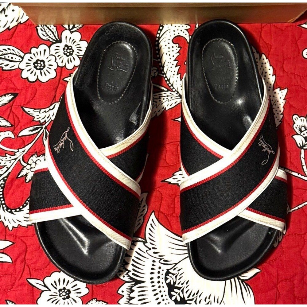 Authentic CHRISTIAN LOUBOUTIN Hot Cross Bizz Donna Web Slides, Size 39(U.S. 8.5)